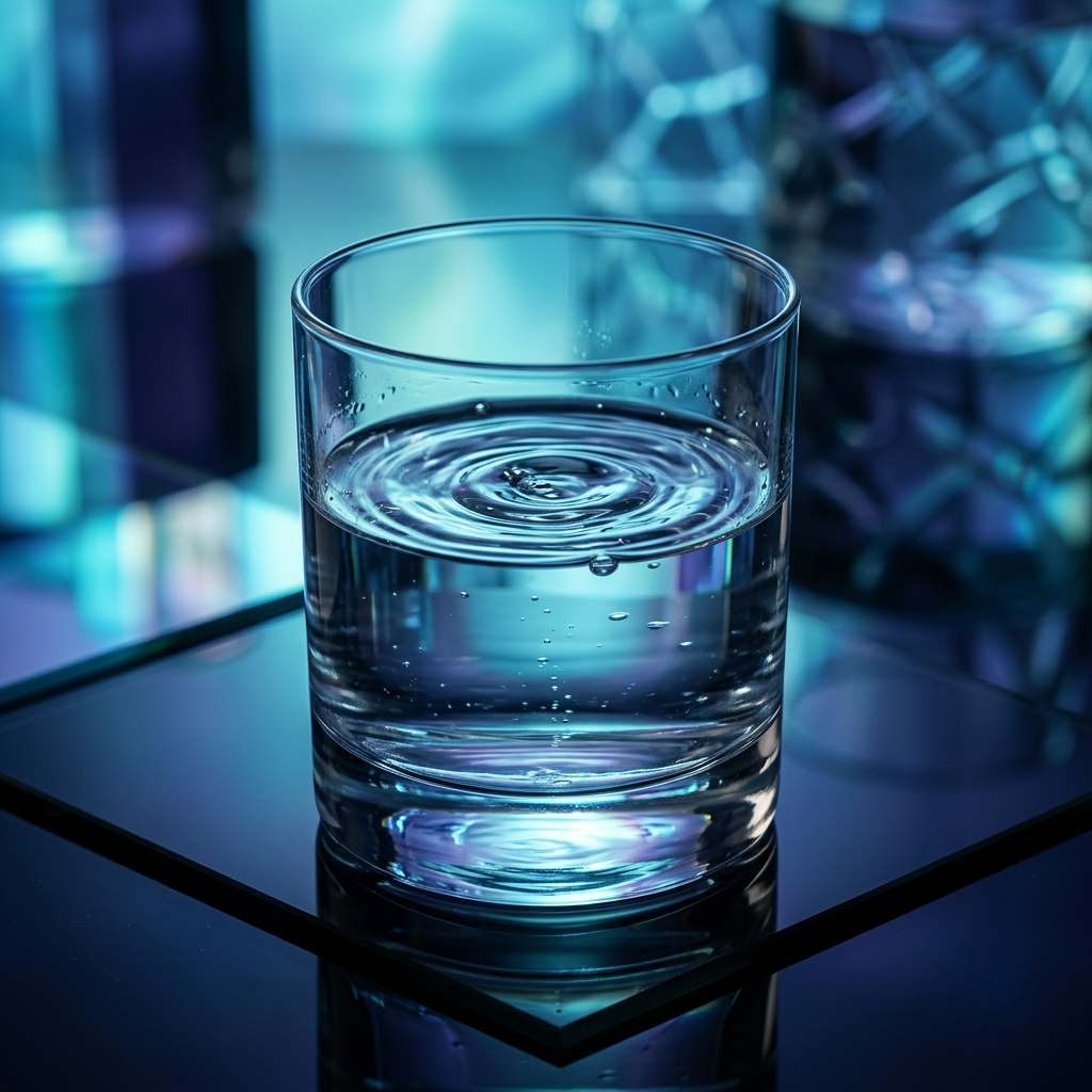 A crystal-clear glass of water with ripples on a reflective dark surface — symbolising the power of hydration